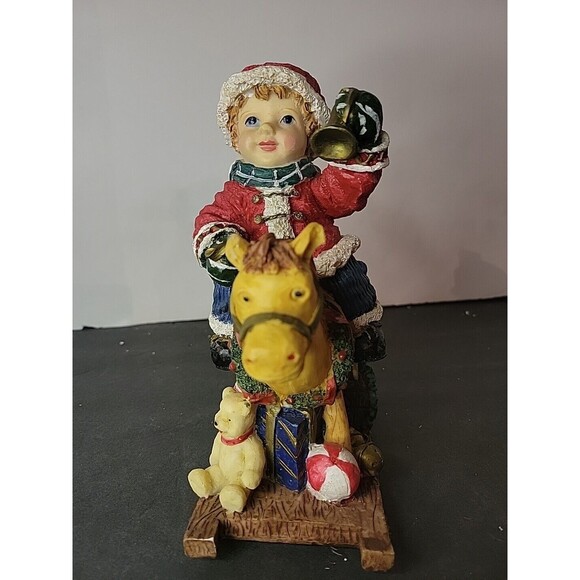 Resin Christmas Figurine Boy in Santa Hat Riding Rocking Horse‎ Toys Presents - Picture 1 of 8